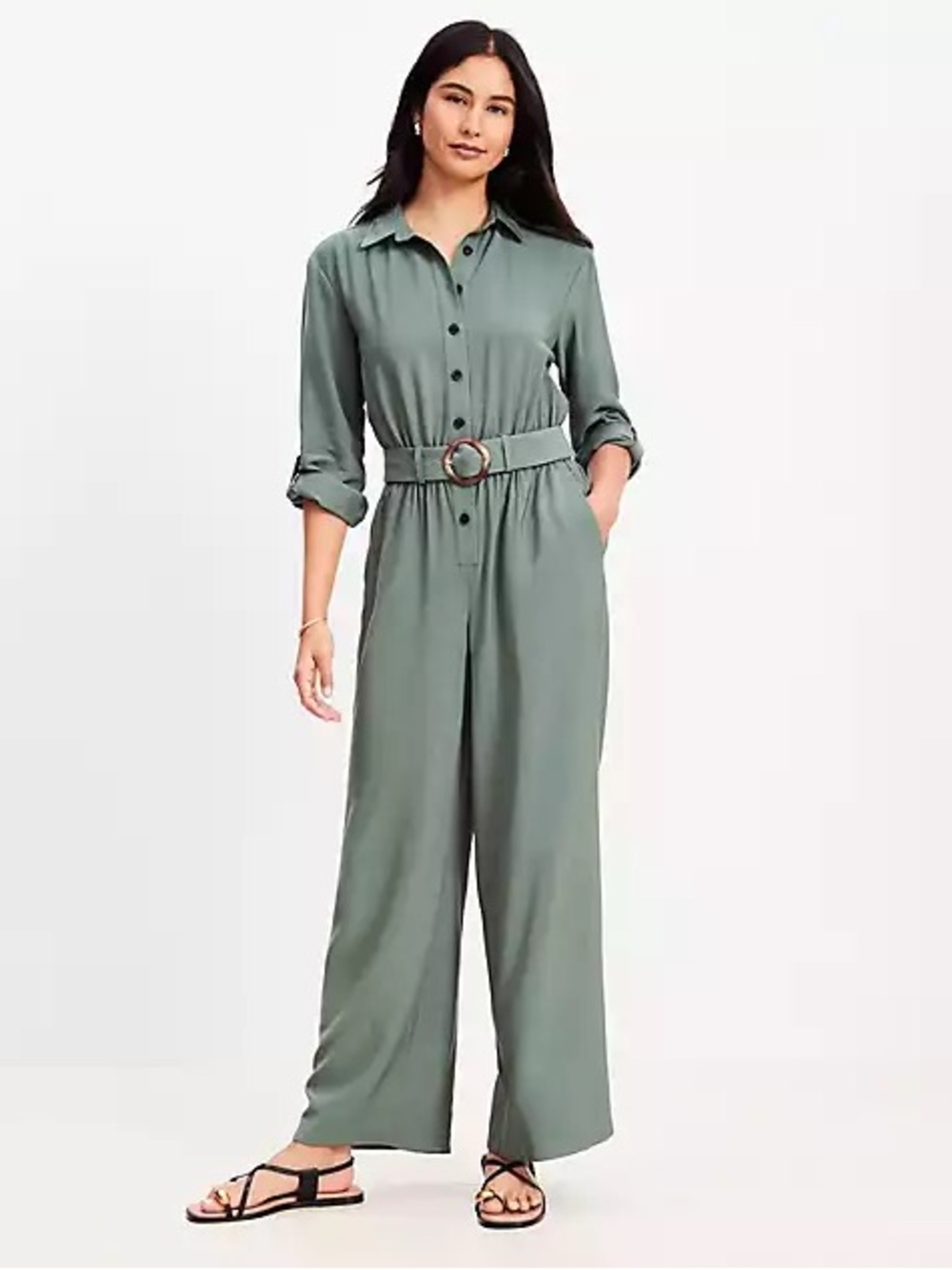 Green Button-Front Utility Jumpsuit with Belt